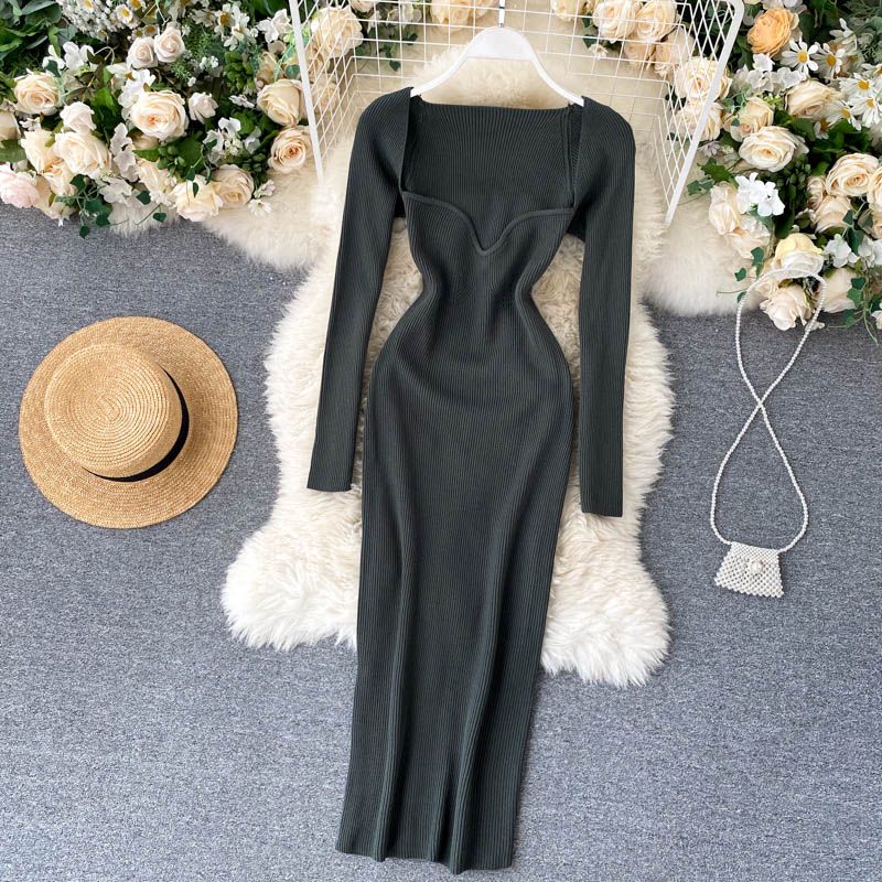 Croysier Dresses For Women 2021  Strapless Ribbed Knitted Bodycon Dress Women Winter Long Sleeve Midi Sweater Dress Clothes