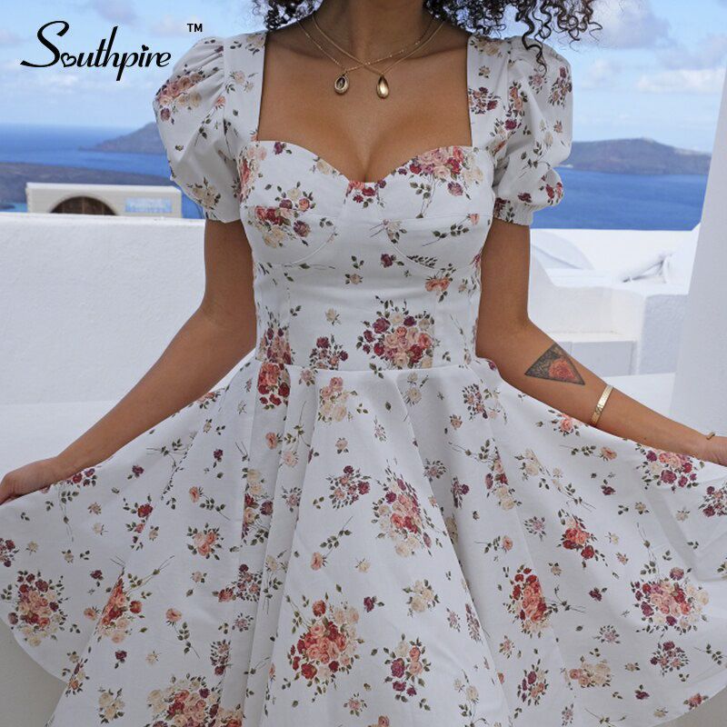 Southpire Bohe Flower Print White Dress Women 's Short Puff Sleeve Zipper Mini Sundress Elegant Summer Dress Ladies Clothing