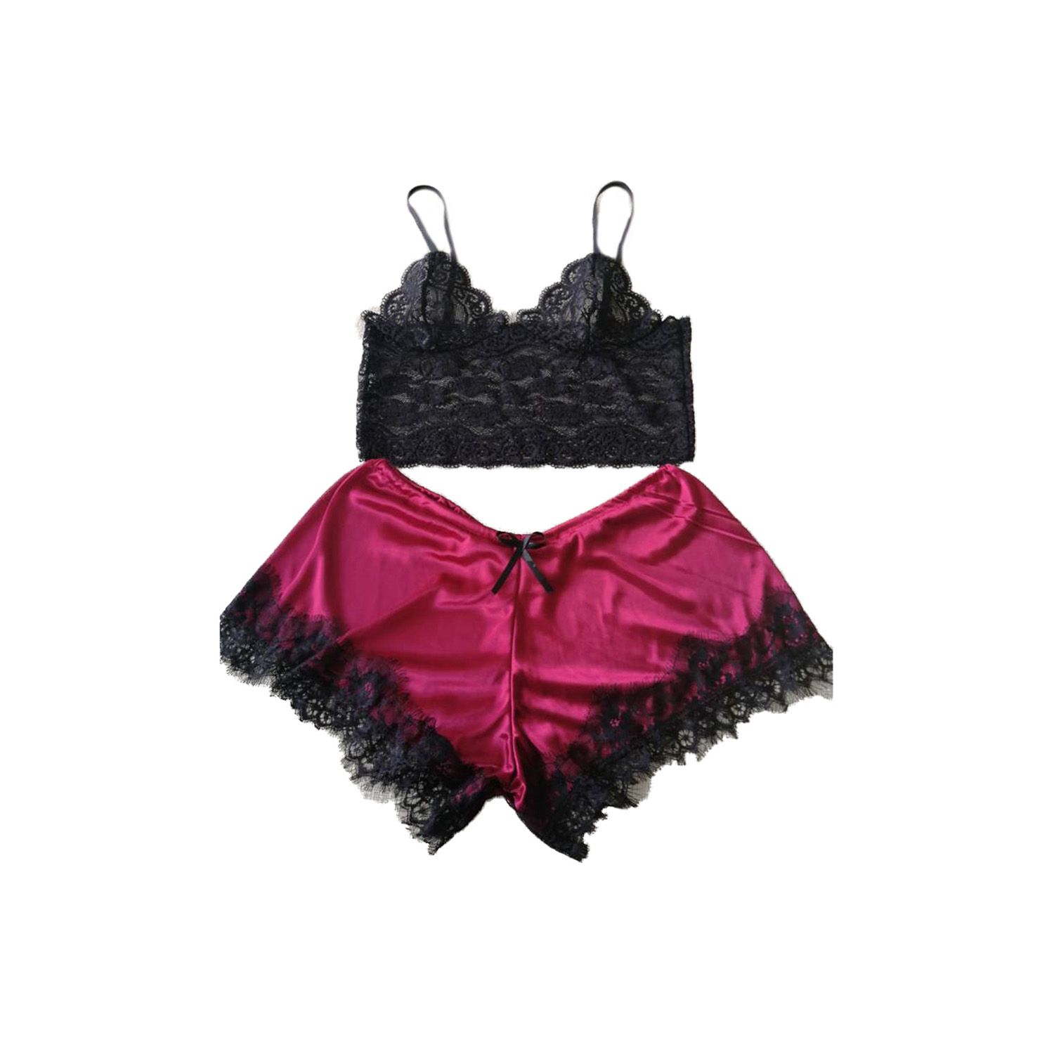 Women's  Lingerie Pajamas 2 Piece Suit Lace Camisole + Shorts Pajamas Set (Red / Purple / Green