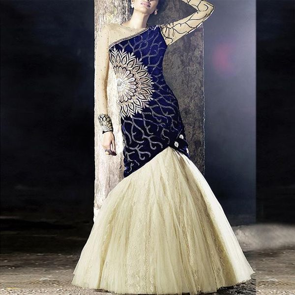 Blue  and  Cream  Semi-Stitched  Georgette  Gown  for  Women