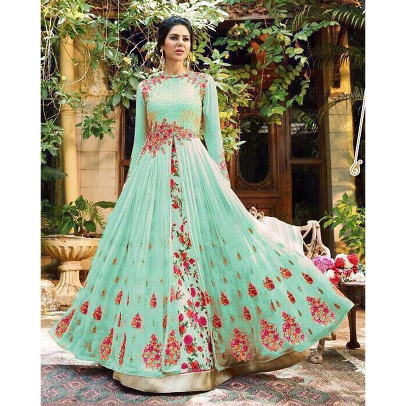 Medium  Spring  Green  Georgette  Semi  Stitched  Party  Dress  for  Women