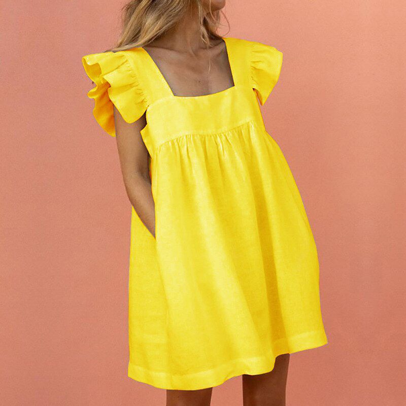 Summer Women Mini Dress Elegant Butterfly Sleeve Beach Party Dress Cute Square Collar Solid Ladies Ruffled Dresses Vestidos