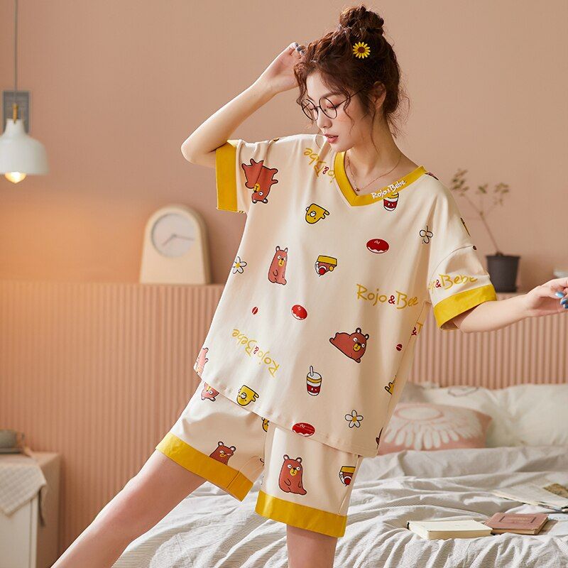 Summer Pajamas Set Round Neck Short Sleeves Shorts Cute Cartoon Sleepwear Women Cotton Home Wear Comfort Pijamas Pyjama