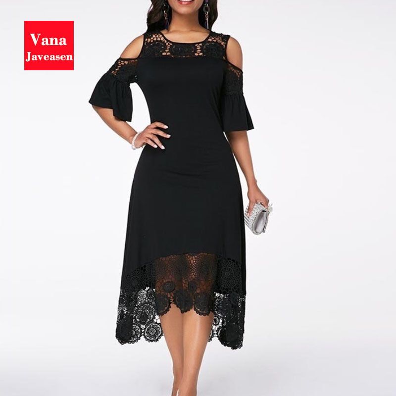 Vana Javeasen Lace A-Line Casual Women Dress For Summer Patchwork Short Sleeve Female Dresses O-Neck Party Beach Womens Dress