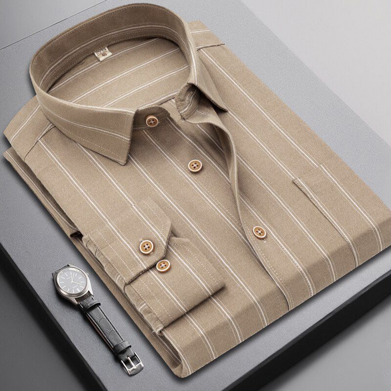 Boutique Men's Clothing Dress Shirt Men Autumn Long Sleeved Shirts Fashion Causal Regular Fit Green Khkai Striped Shirt