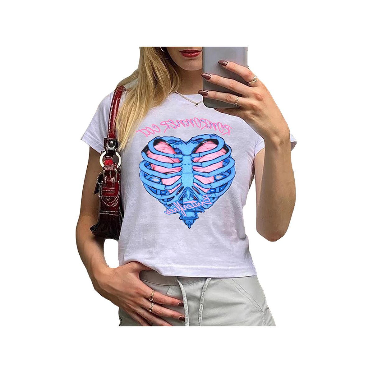 Women’s Causal Short Sleeve T-shirt Personality Printing Round Neck Exposed Navel Tops
