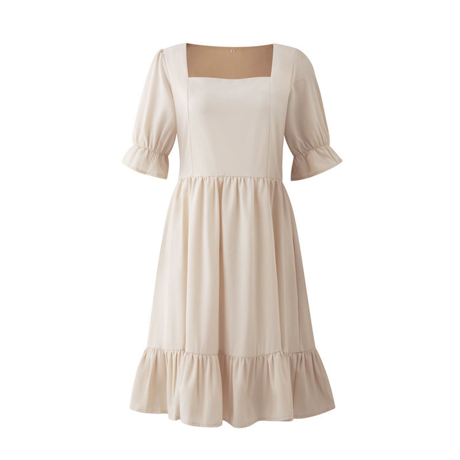 Summer Women Dress Square Neck Solid Color Short Ruffle Sleeve Above Knee A-line Dress for Office