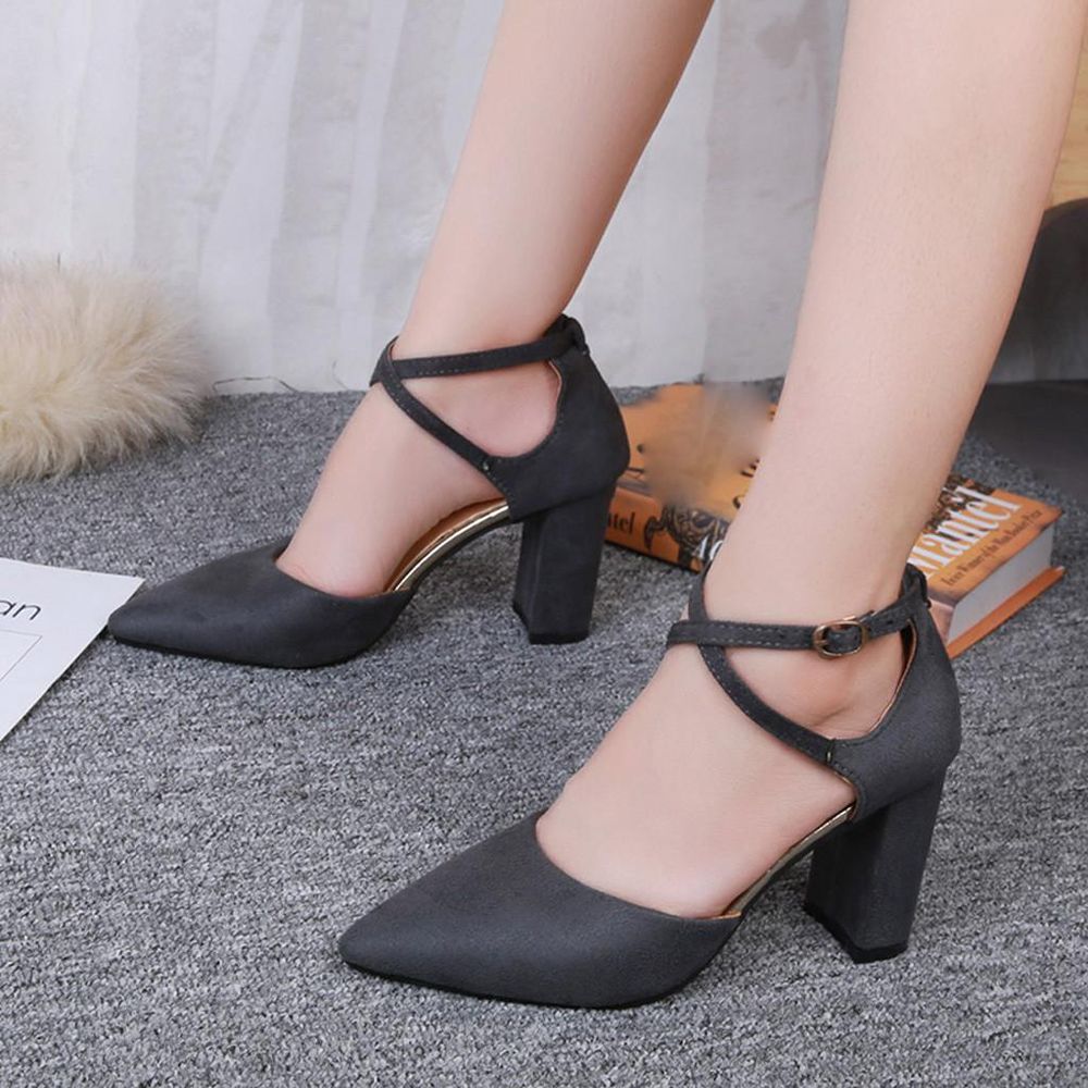 Fashion  Women'sCross Strap  Pointed Head Non-Slip Thick Heel Single Shoes