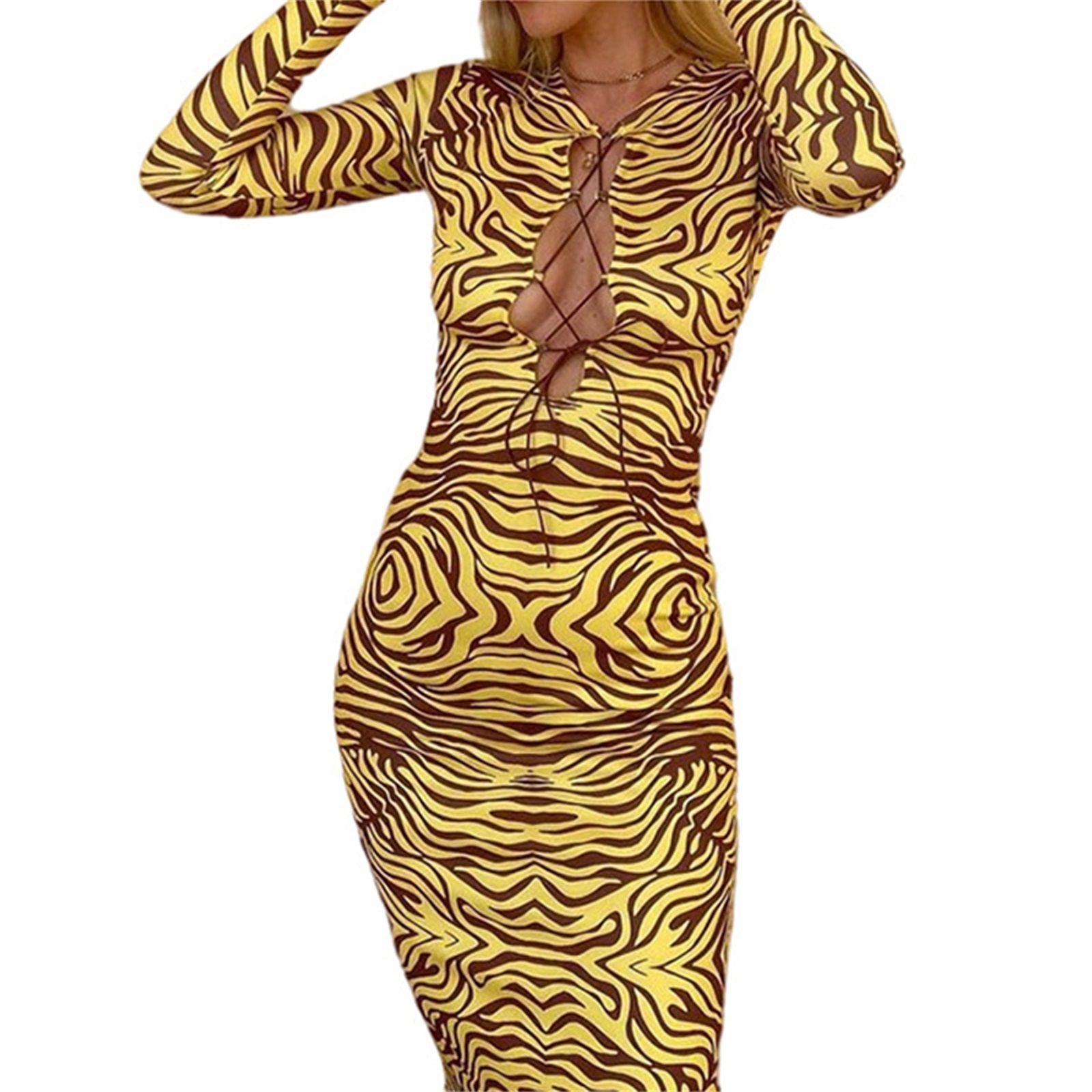 Female Hollow Out Dress, Zebra-Stripe Long Sleeve Lacing One-Piece Casual Wear for Women, S/M/L
