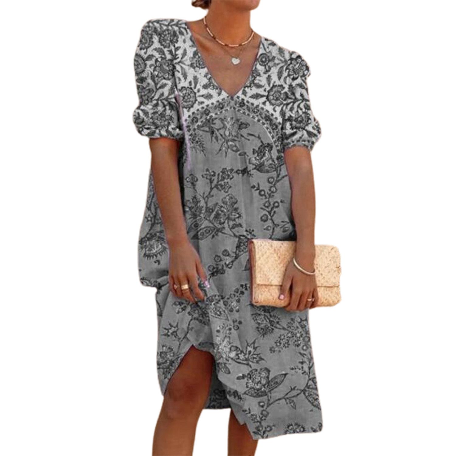 Dress V Neck Puff Sleeve Female Ladies Short Sleeve Loose Dress for Daily Life