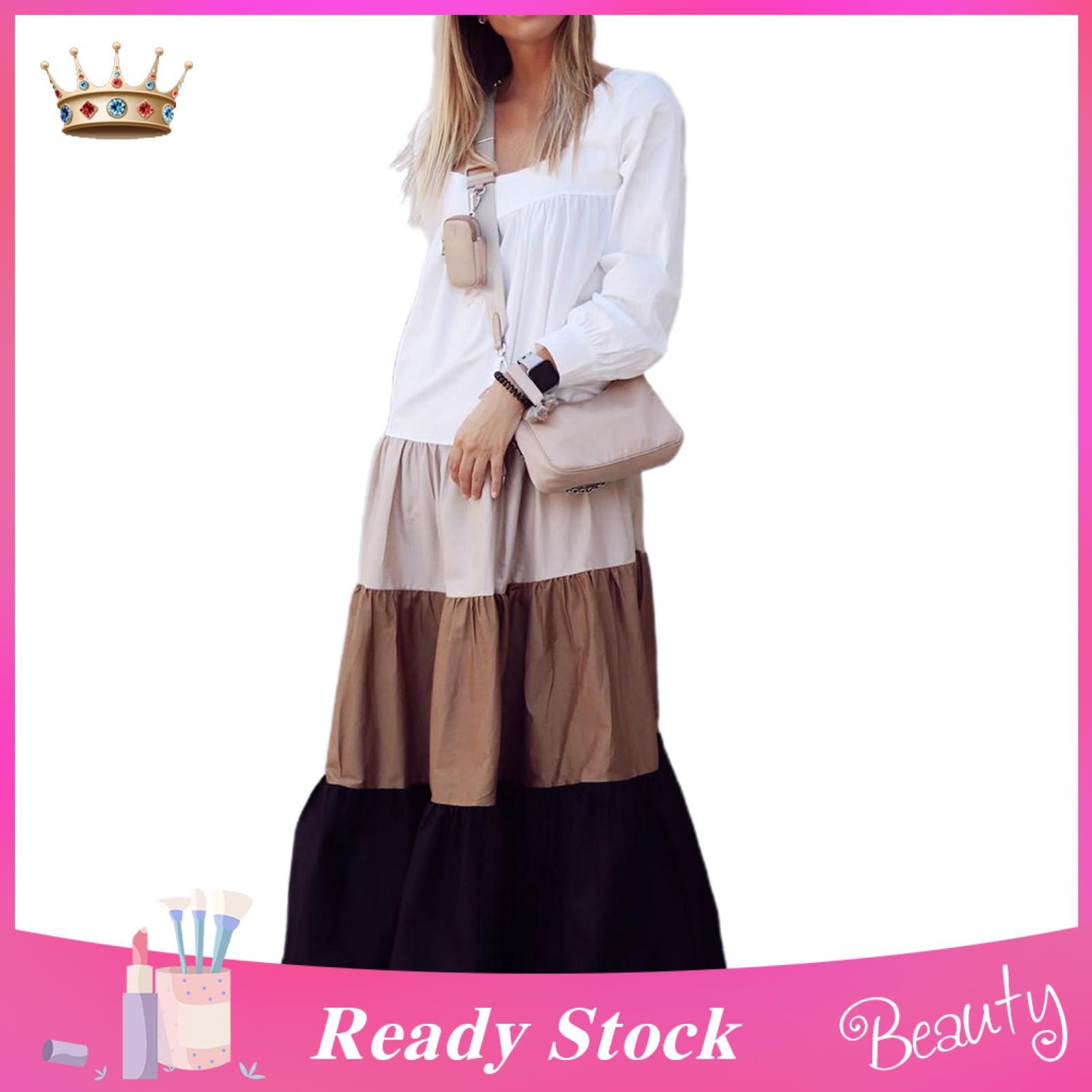 Long Dress Plain Colour Contrast Colors A-Line Maxi Dress