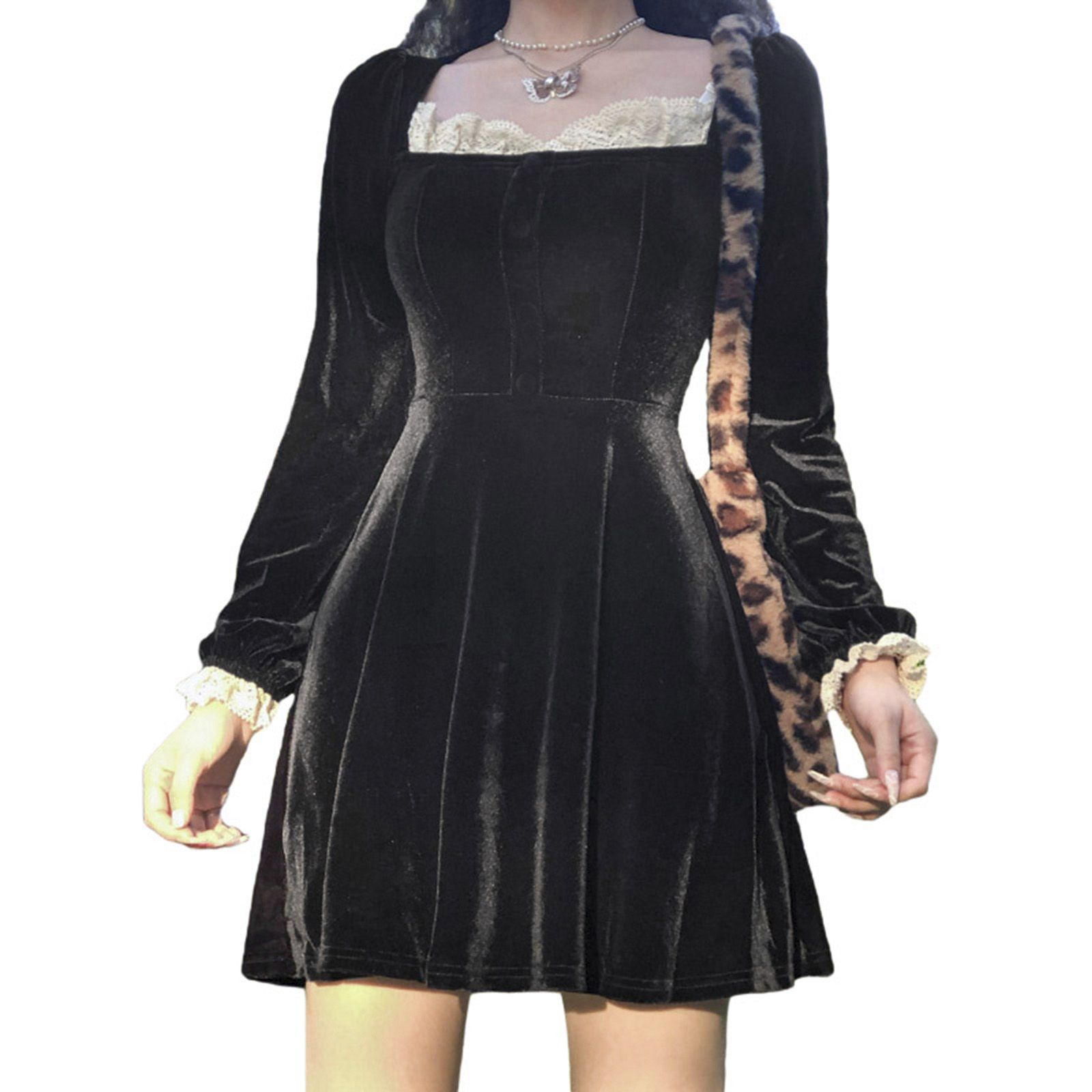 Women's Temperament Black Dress, Lace Buttons Decor Square Neck Long Sleeve High Waist A-Line Mini Dresses