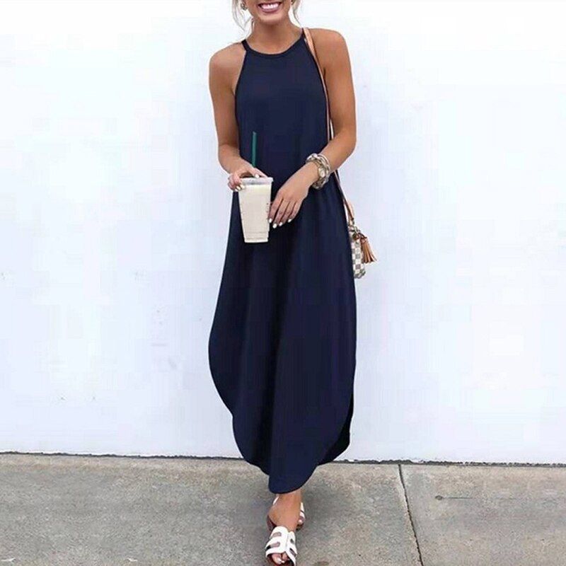 Women Dress Summer Casual Sleeveless Retro Halter Solid Beach Long Dress Round Neck Sling Fashion Beach Clothes Plus Size