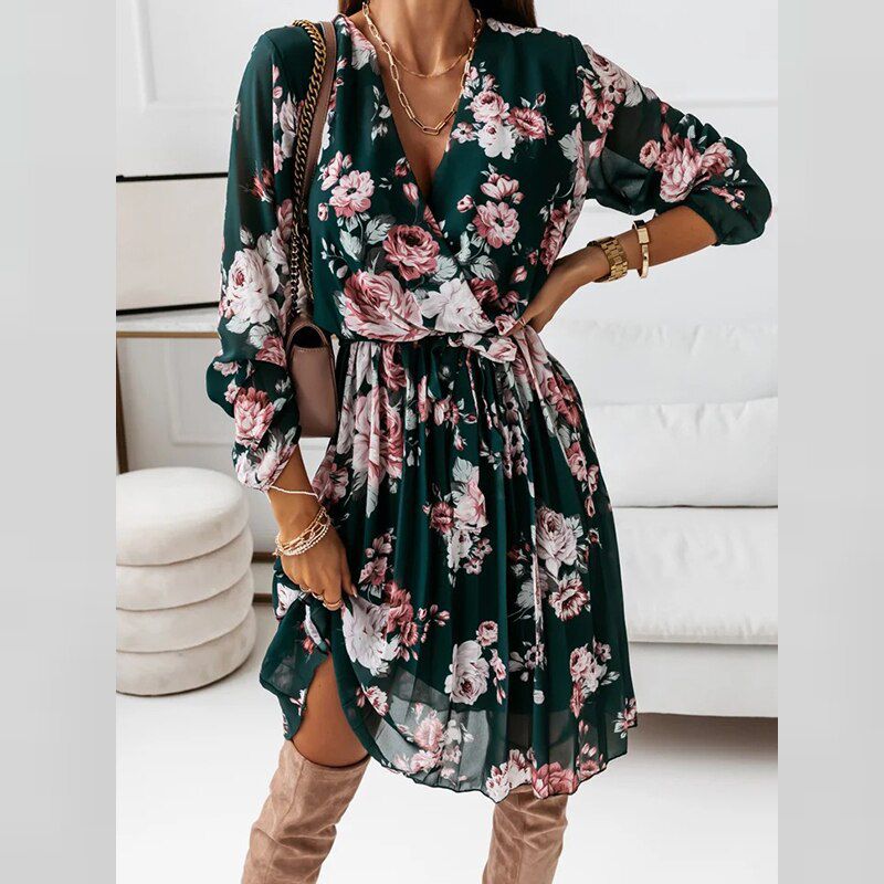 2021 Women Elegant Floral Print Ruffle Mini Dress Casual Long Sleeve A-Line Beach Dress Summer Sexy V-Neck Pleated Party Dress