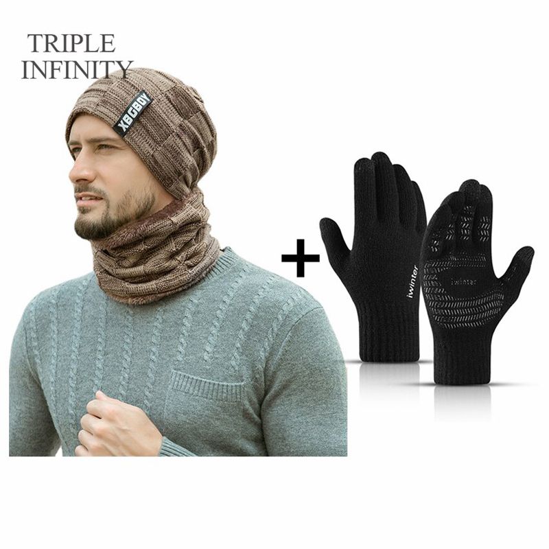 TRIPLE INFINITY Men's Winter Beanie Hats Scarf Set Windproof Warm Knit Hat Skull Cap Neck Warmer Thick Fleece Lined Male Hat New