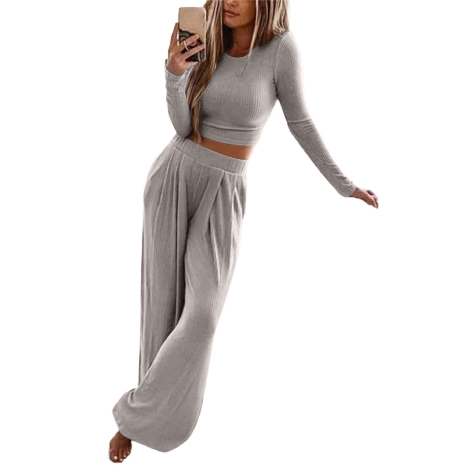Women Homewear O Neck y Ribbed Pajama Set