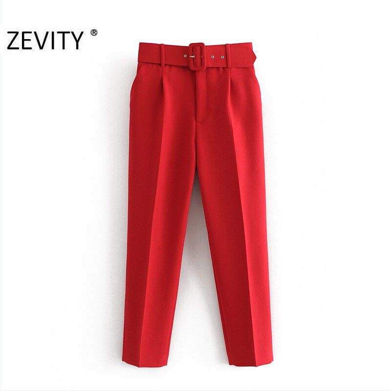 Women candy color pants red pink color chic sashes business Trousers female fake zipper pantalones mujer pants P953