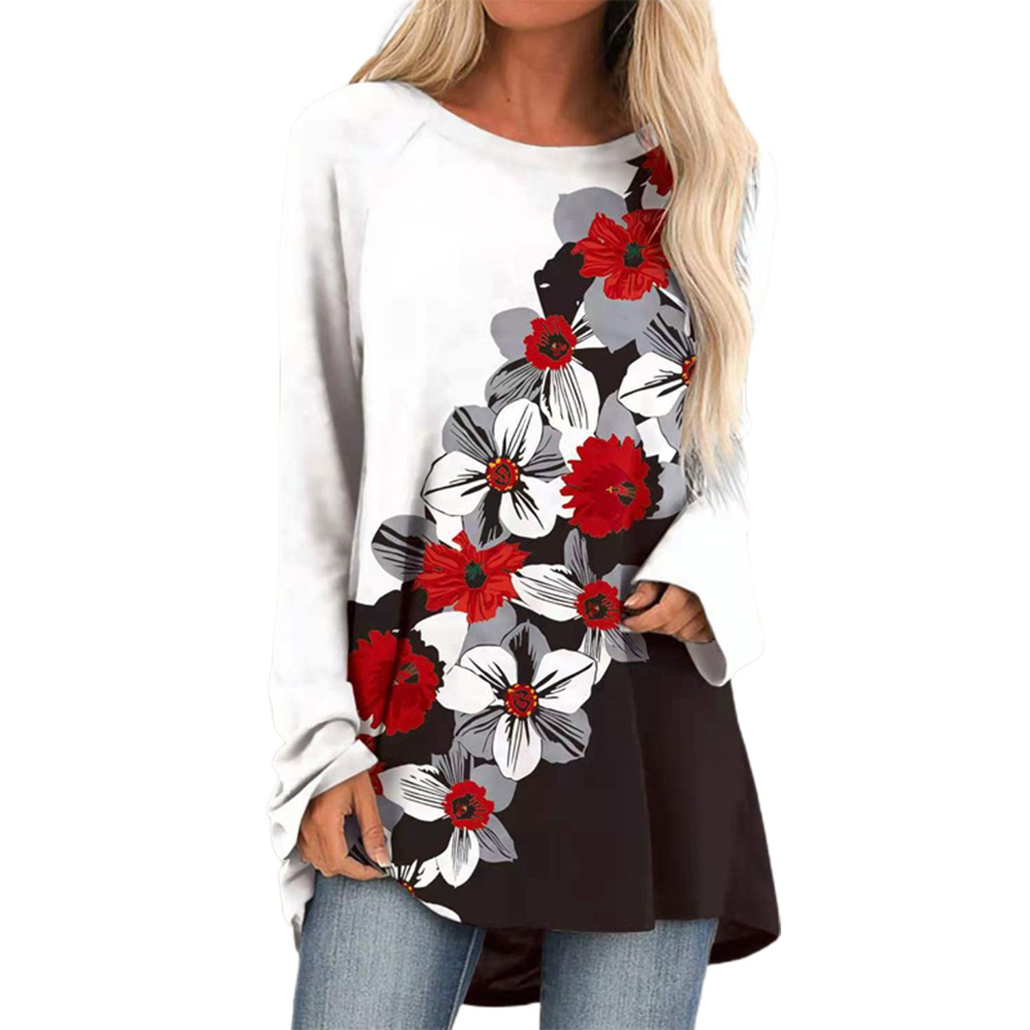 Lady Top Crew Neck Loose Hem Fall Shirt