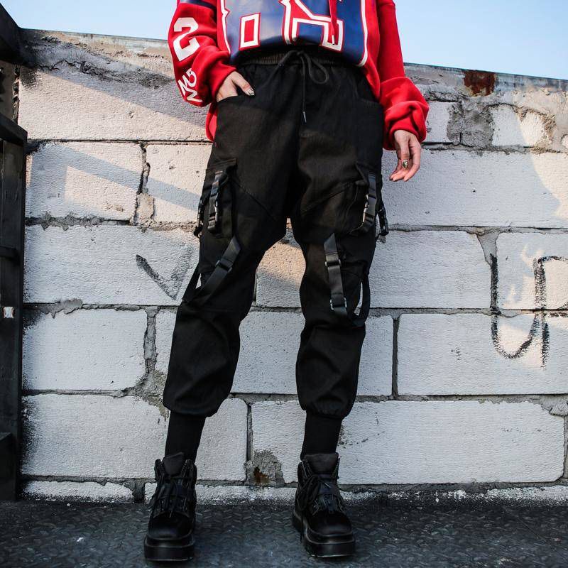 Black High Waist Cargo Pants Women Casual Punk Pants Gothic Streetwear Pencil Cool Trousers Fashion Hip Hop Girls Pants