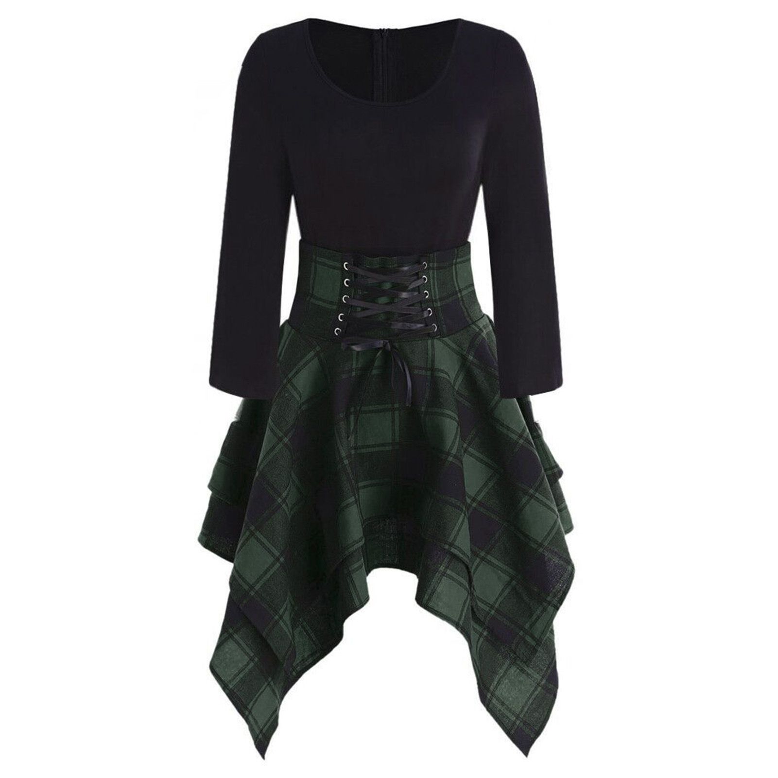 Women Dress Plaid Crew Neck Zipper Dress