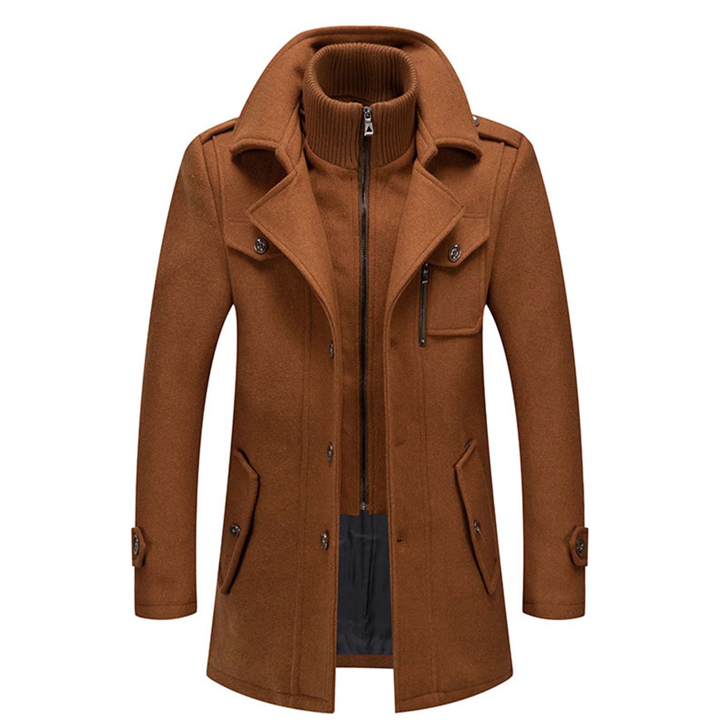 Sunnyheart Men Jacket Solid Color Fake Two Piece Autumn Winter Zipper Buttons Coat for Daily Wear 