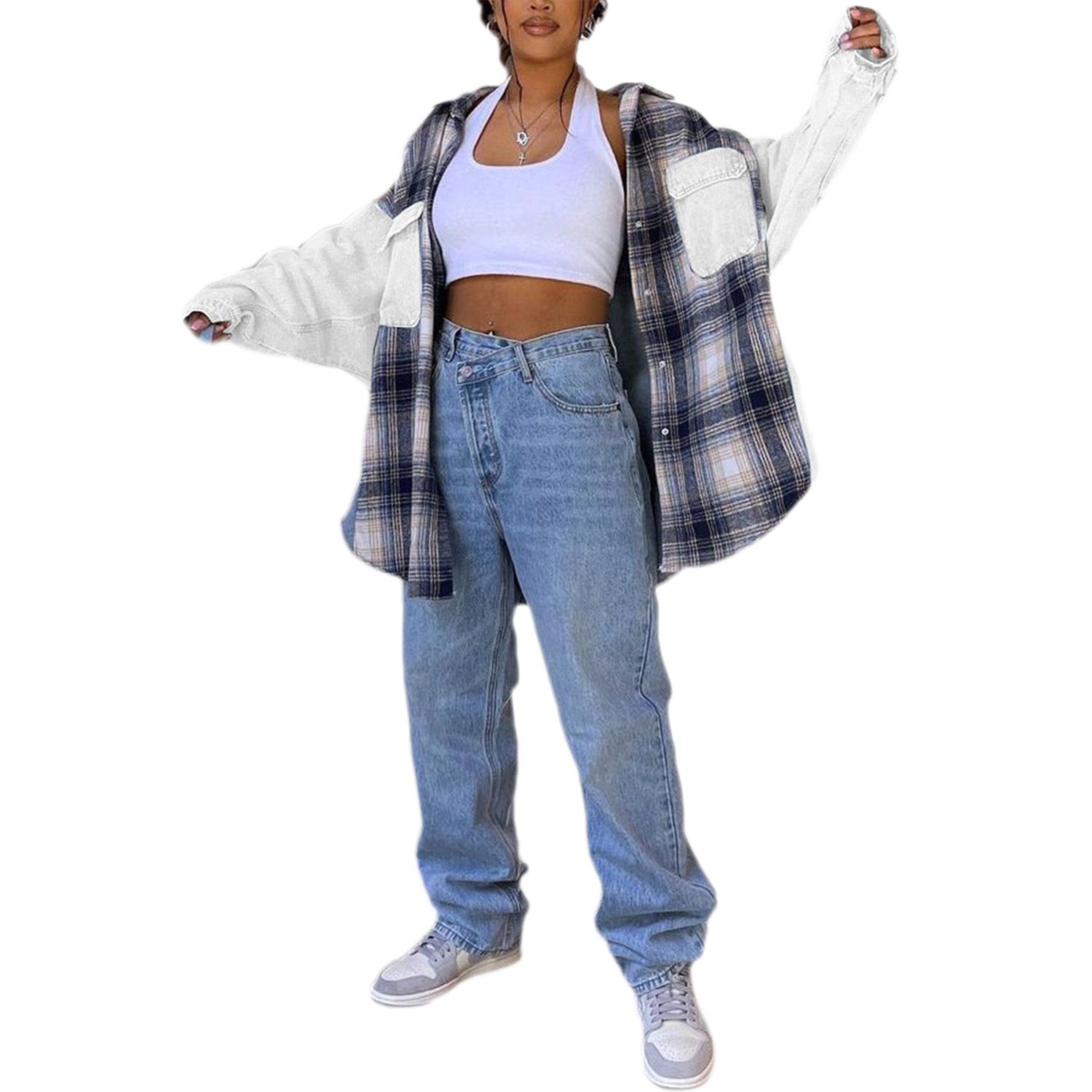 Women’s Casual Long Sleeve Loose Jacket Fashion Plaid Denim Stitching Lapel Button Cardigan