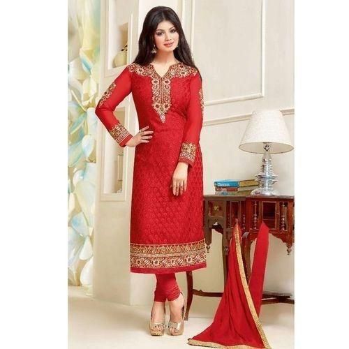 Unstitched Red Cotton Block Printed Salwar Kameez For Women