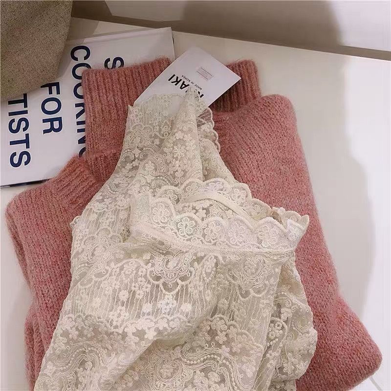 Yfashion Women's Bottoming Shirt Half-height Collar Solid Color Long-sleeve Lace Shirt color