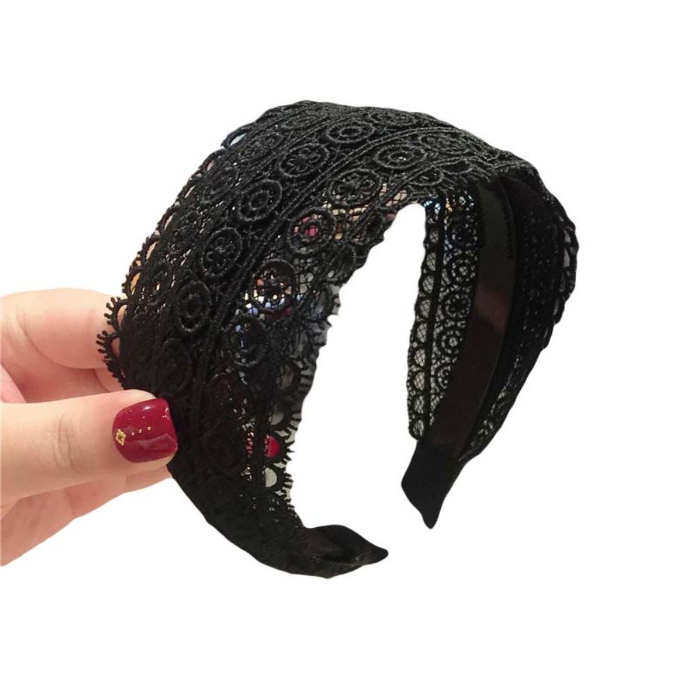Women Girl Solid Color Hollow Lace Headband Wide Brim Knitted Hair Hoop Headwear