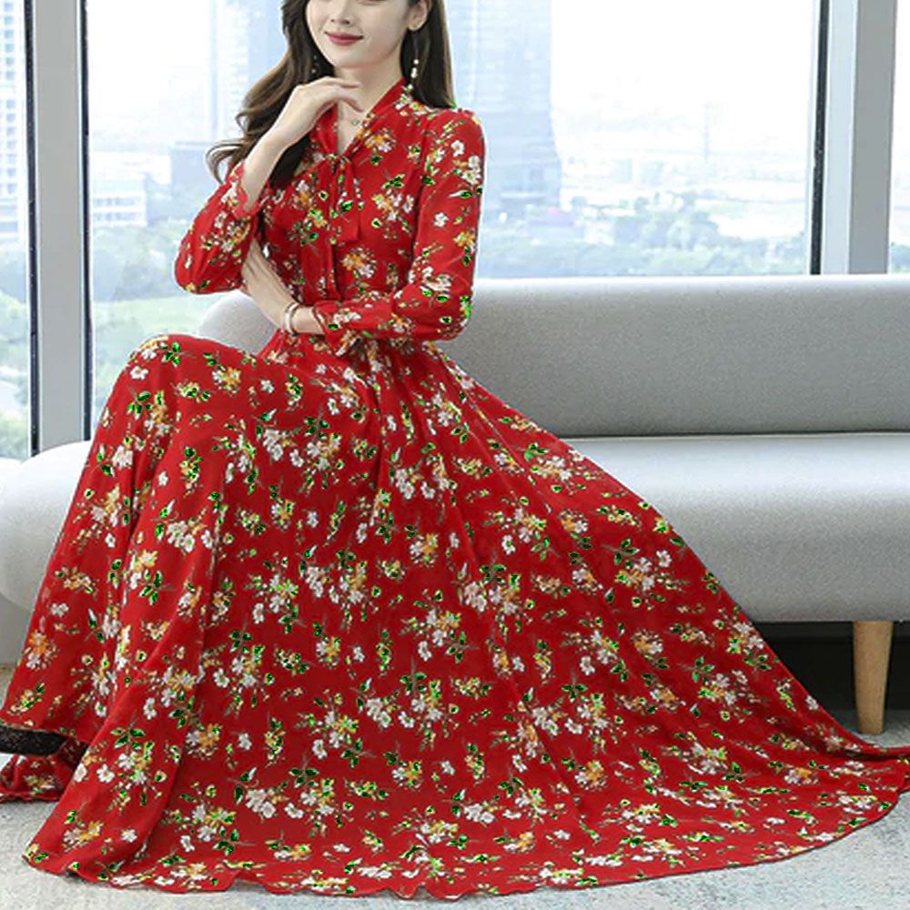 Women Fashion Summer Grace Mid-Calf Long Sleeve Beach China Fabric Printing Dress Gray