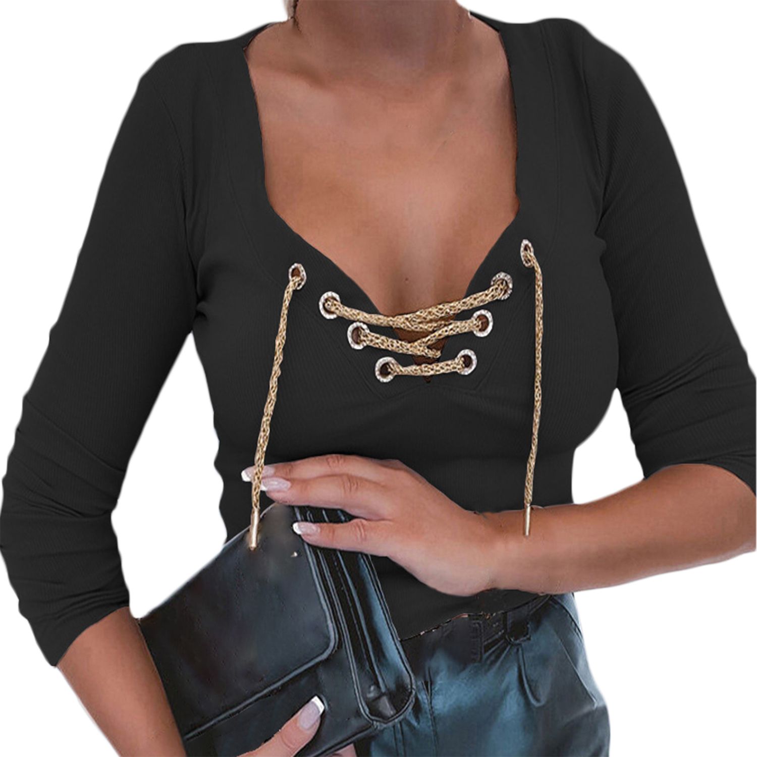 Women Top Deep V-neck Female Pullover Skinny Spring Blouse