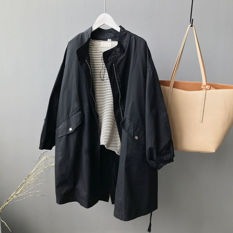 OIMG Ladies Mid-Length Drawstring Washed Cotton Windbreaker Jacket