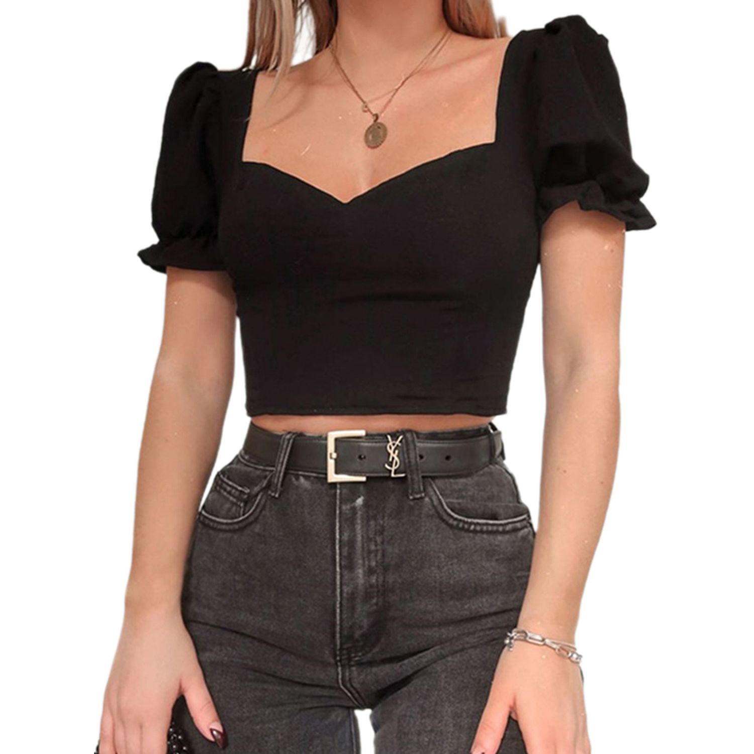 New Women Solid Color Crop Top, Puff Sleeves Square Collar Pullover Vintage Style Clothes