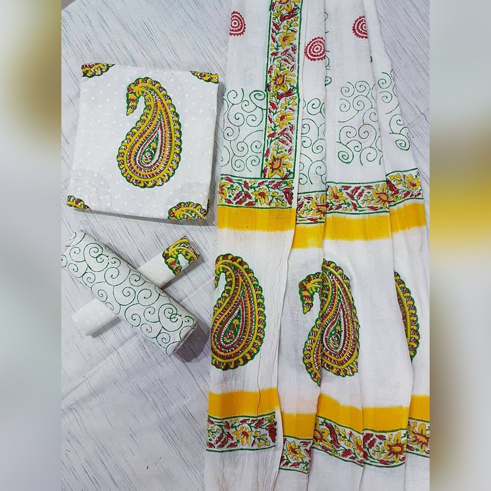 বিভিন্ন রঙের আনস্টিচড খাঁটি খাদি সুতির উচ্চমানের ব্লক প্রিন্টেড থ্রি পিস সালোয়ার কামিজ (3 পিস)