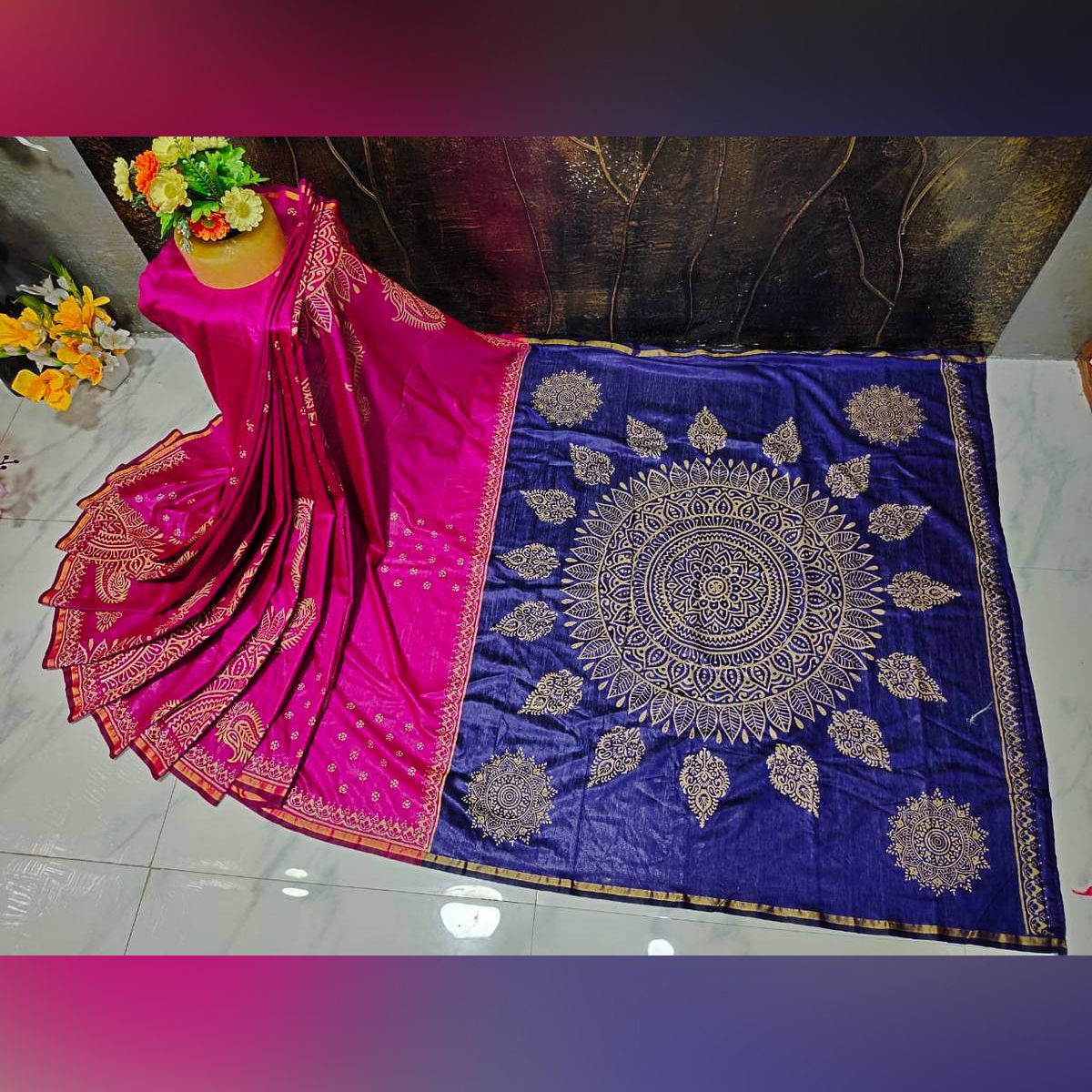 Exclusive Design Dupiyan Silk Block Print Dollar Placement with Embroidery Work Saree for Women