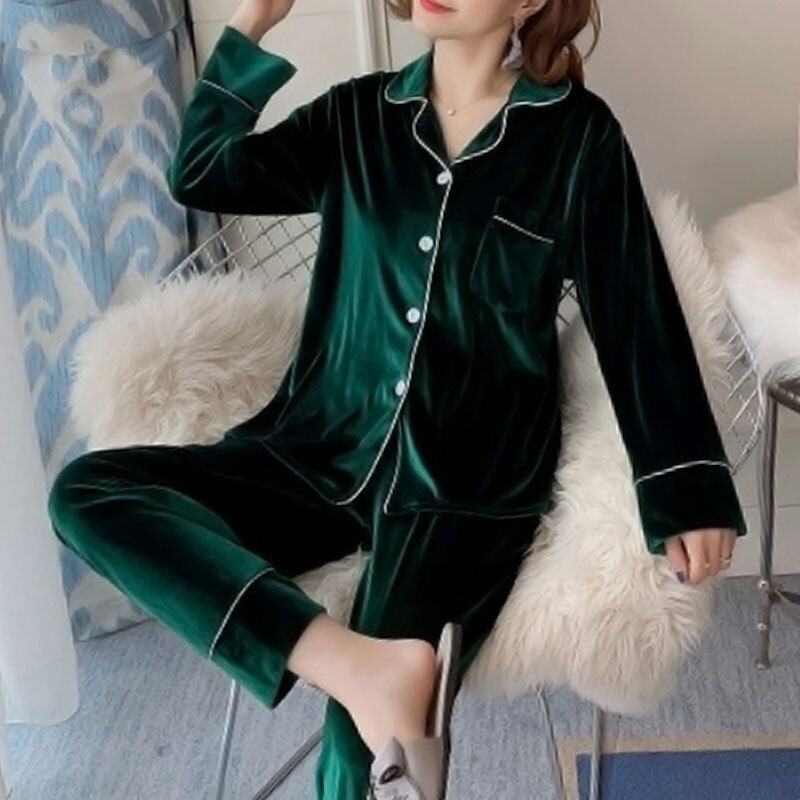 2pcs Autumn Winter Women Pajamas Sets Satin Velvet y Warm Homewear Pijama Pyjamas Suit