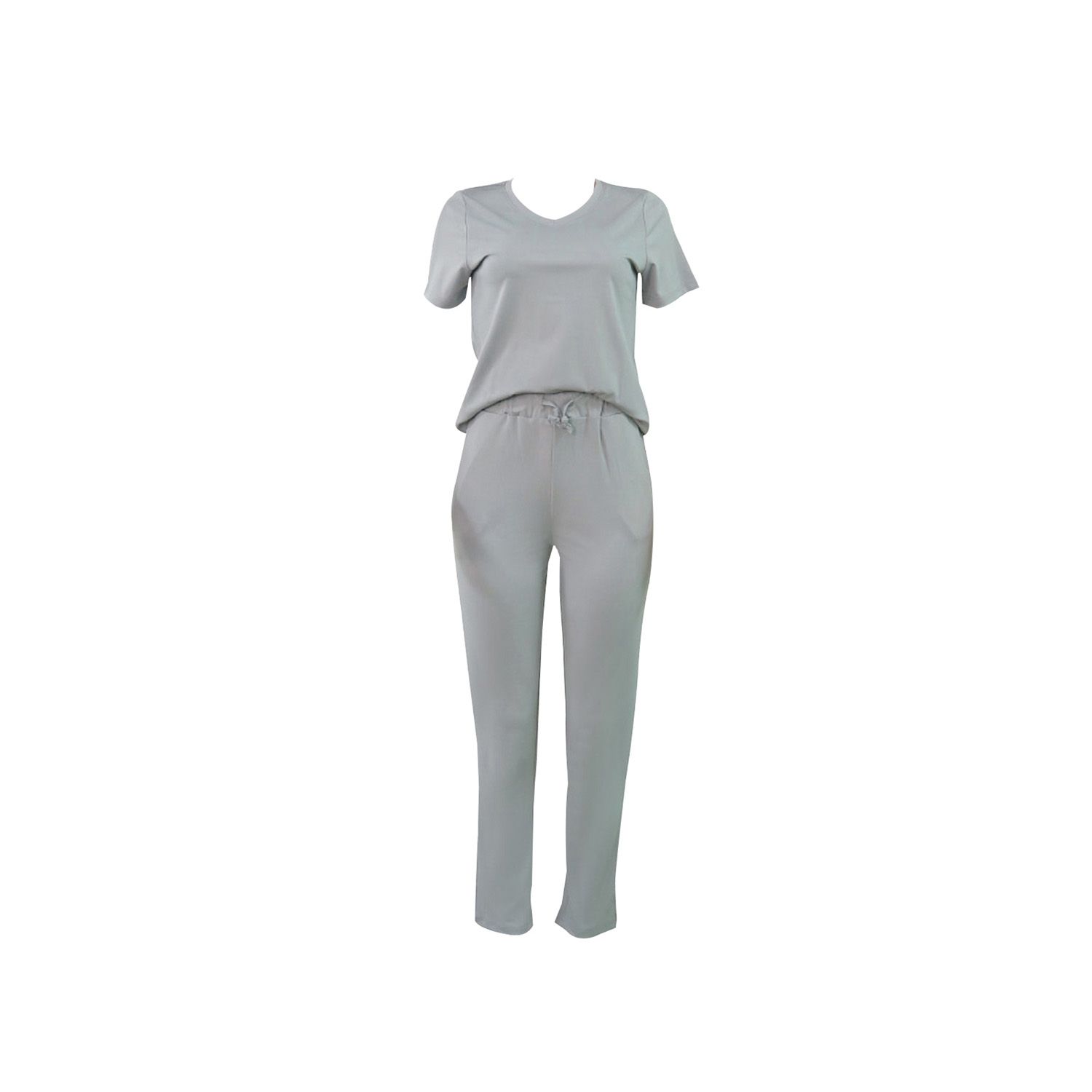 2-Pcs Women's Short Sleeve Sportswear, Solid Color V Neck Top, Baggy Long Pant with Drawstring Outfit Set