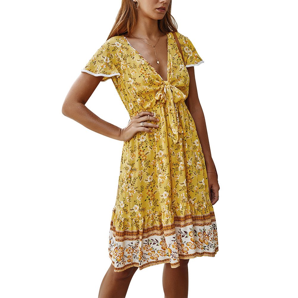 Women Short Sleeve Deep V Neck Chest Bandage Knee-length Dress