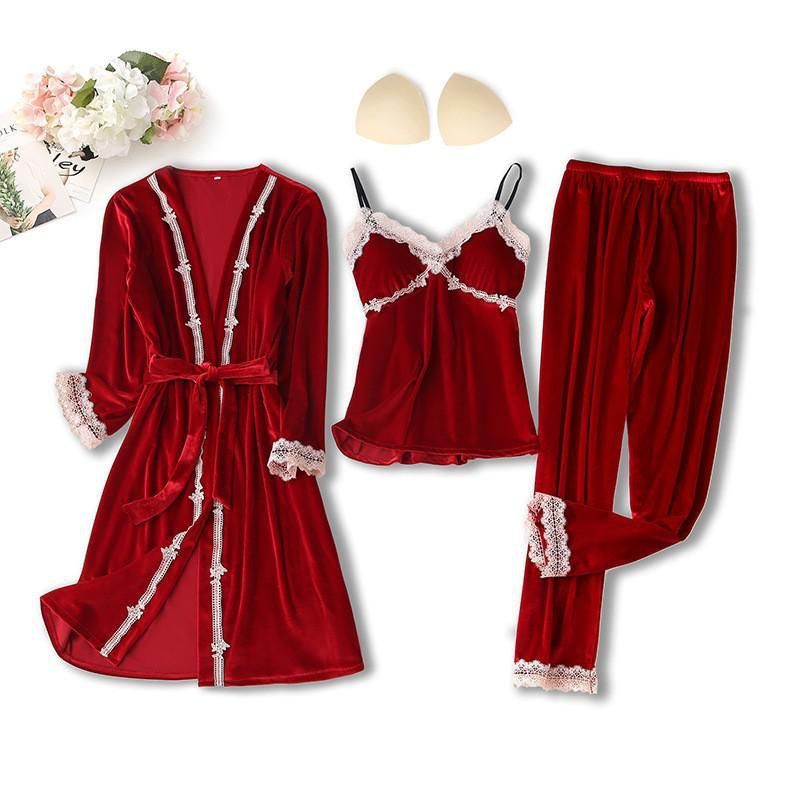 y Lace Nightwear Pajamas Suit Intimate Lingerie Women Velour Sleep Set Kimono Robe Velvet Soft Homewear Sleepwear