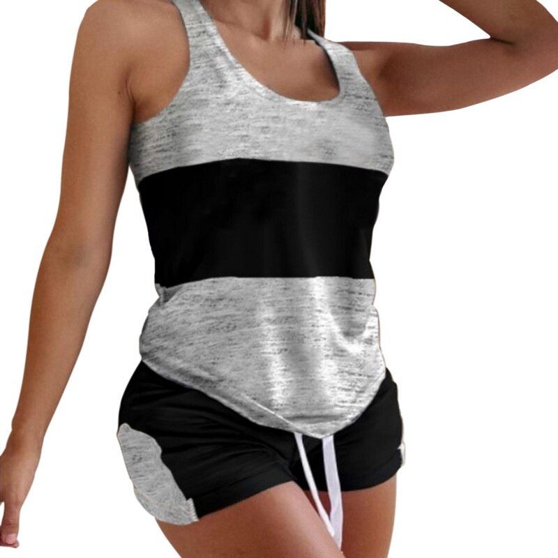 Summer Casual Two Pice Pajamas Set Homewear Women  Fashion Patchwork Print Sleeveless Top And Short Suit Streetwear