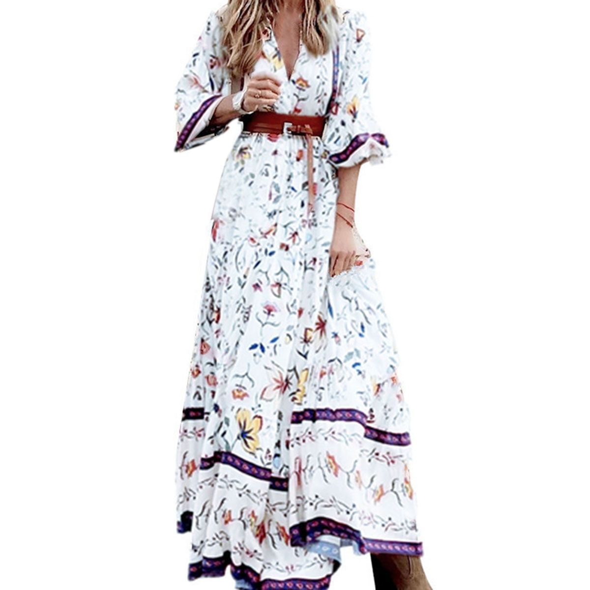 Casual Dress Breathable Bohemia Floral Print Vintage Long Dress