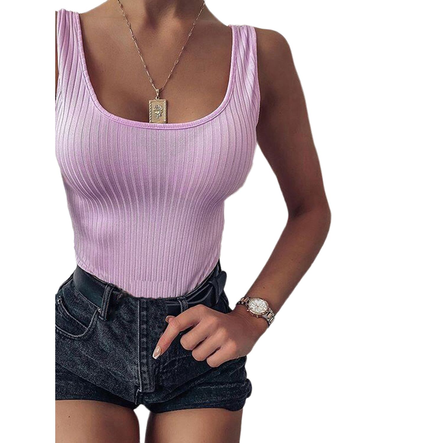 Women's Basic Ribbed Knit Tank Top, Sexy Spaghetti Strap Sleeveless Camisole Vest Tops