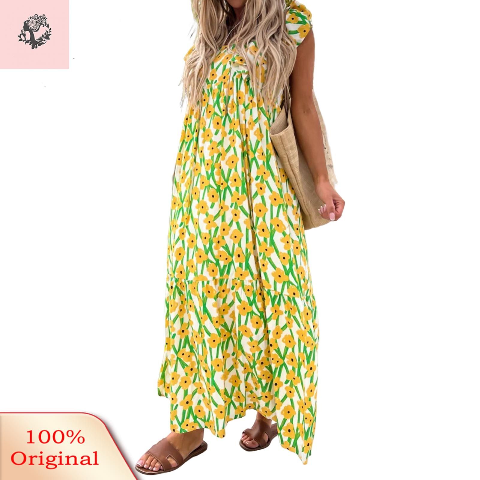 Sunnyheart Holiday Dress Lightweight Flower Print Big Hem Maxi Dress