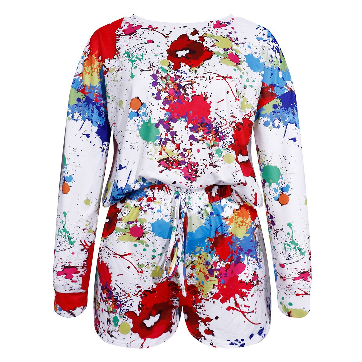 2021 Women Colorful Ink Printed Outfit Sets, Round Neck Long Sleeve Top + High Waist Short Pant 2 Pcs Clo