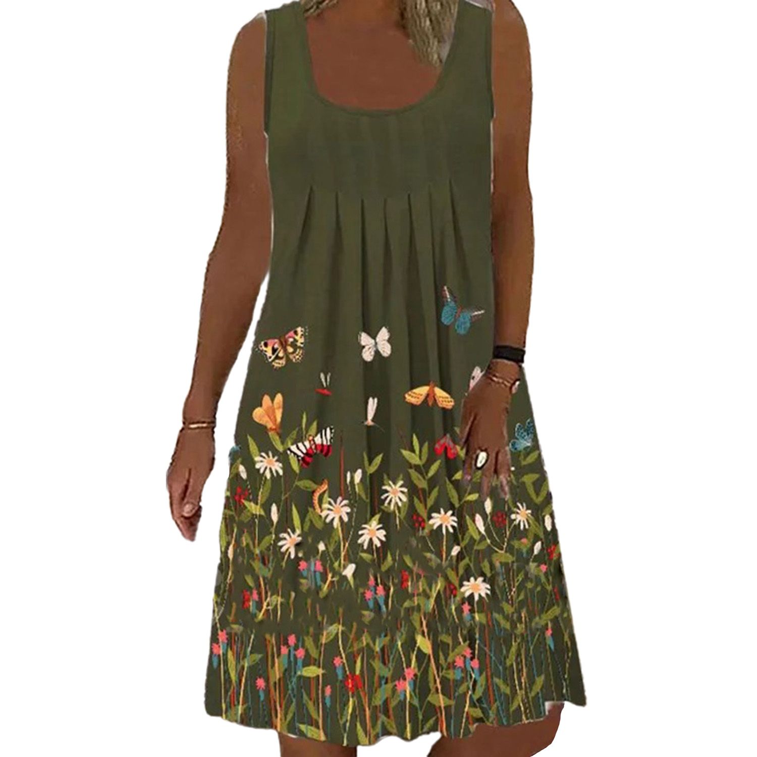 Women Dress Floral Print Loose Summer Round Neck Sleeveless Dress for Beach