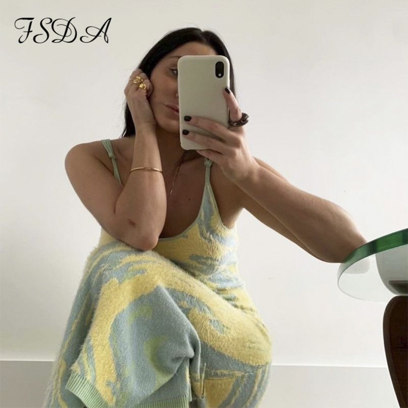 FSDA 2021 Print Knit Bodycon Dress Women Green Summer Hollow Out  Sleeveless Spaghetti Strap Beach Midi Dresses Party