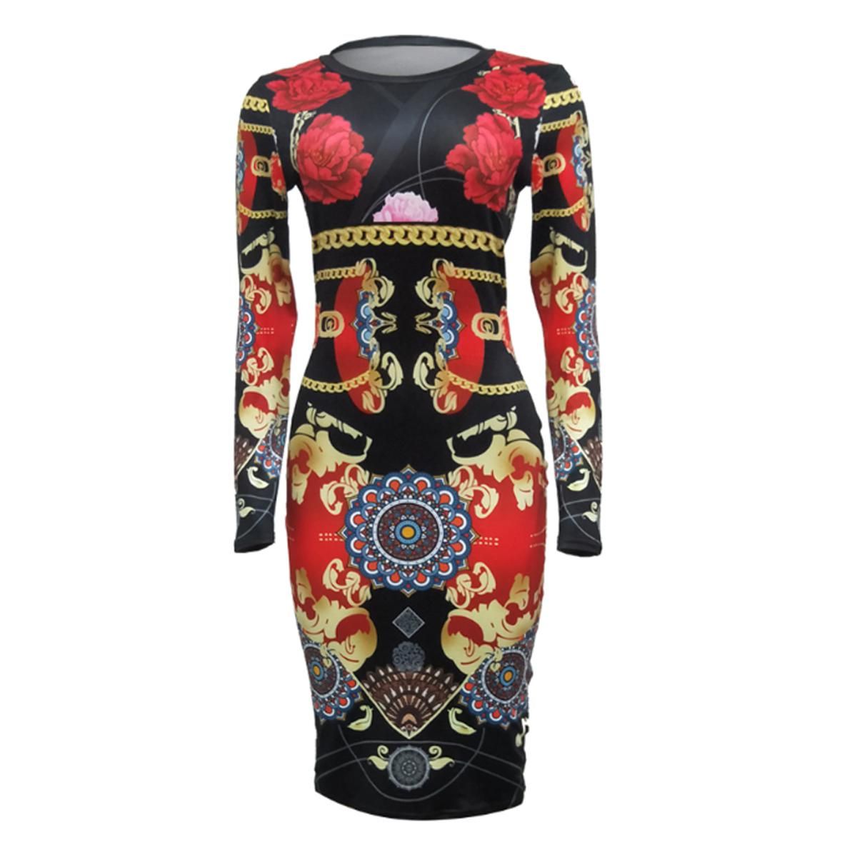 Women Long Sleeve Floral Bodycon Dresses Sexy Pencil Dresses for Party Club Wear