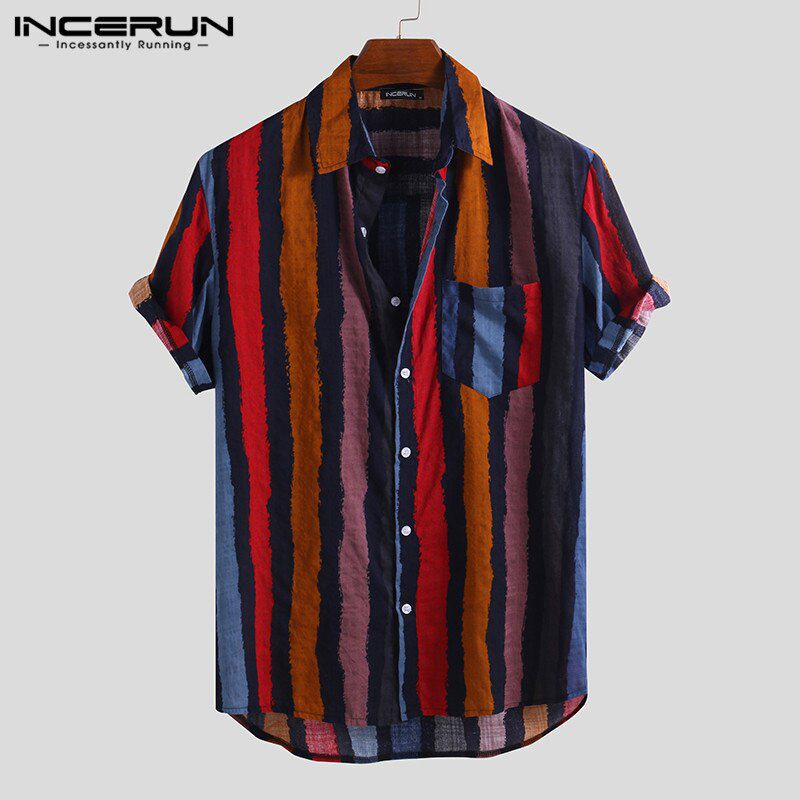 INCERUN Men Shirt Striped Button Loose Pockets Retro Short Sleeve Vintage Blouse Stylish Casual Brand Shirts Men 2021 Streetwear