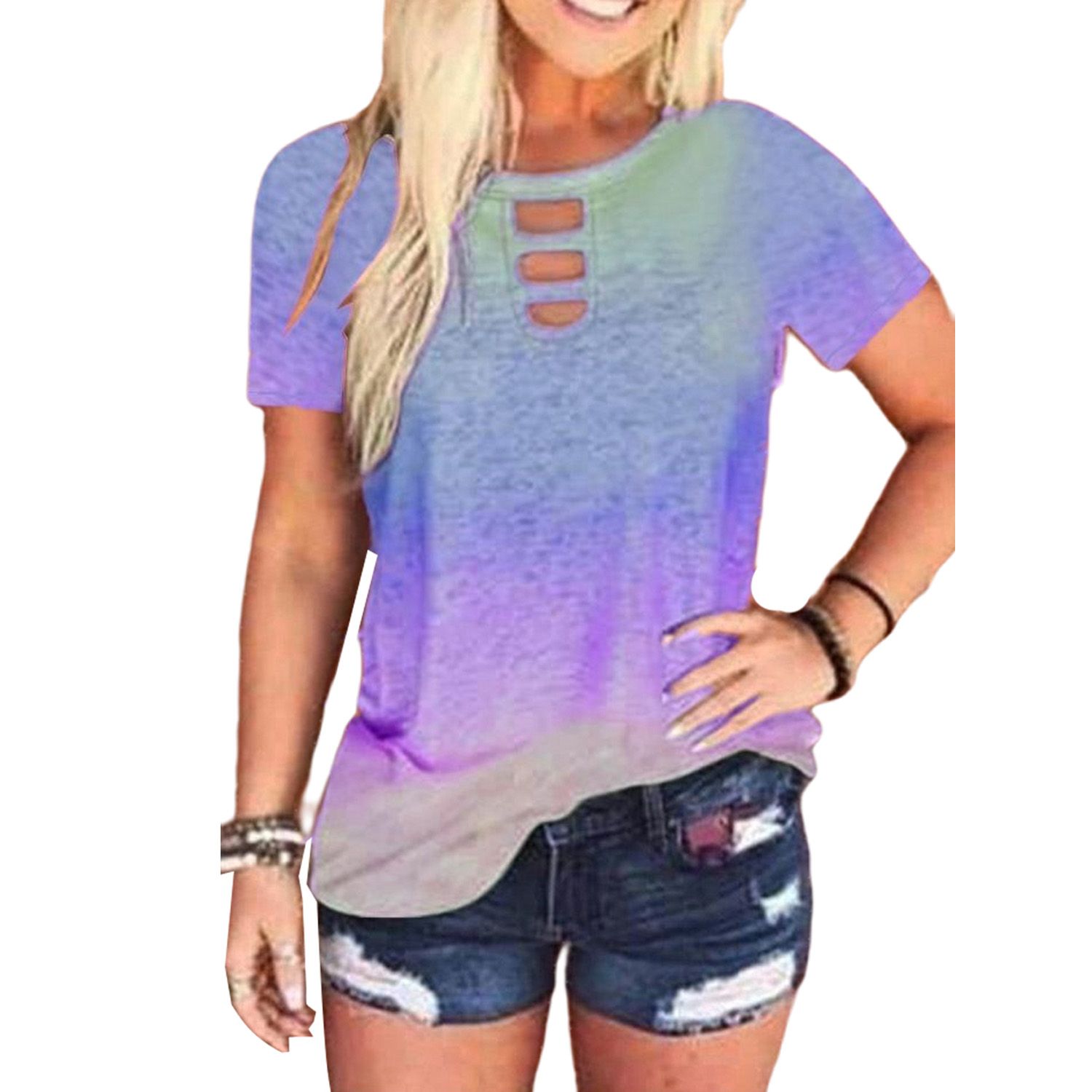 New Women's Tie-Dye Printed T-shirt Round Neck Short Sleeve Casual Loose Hollow Design Top