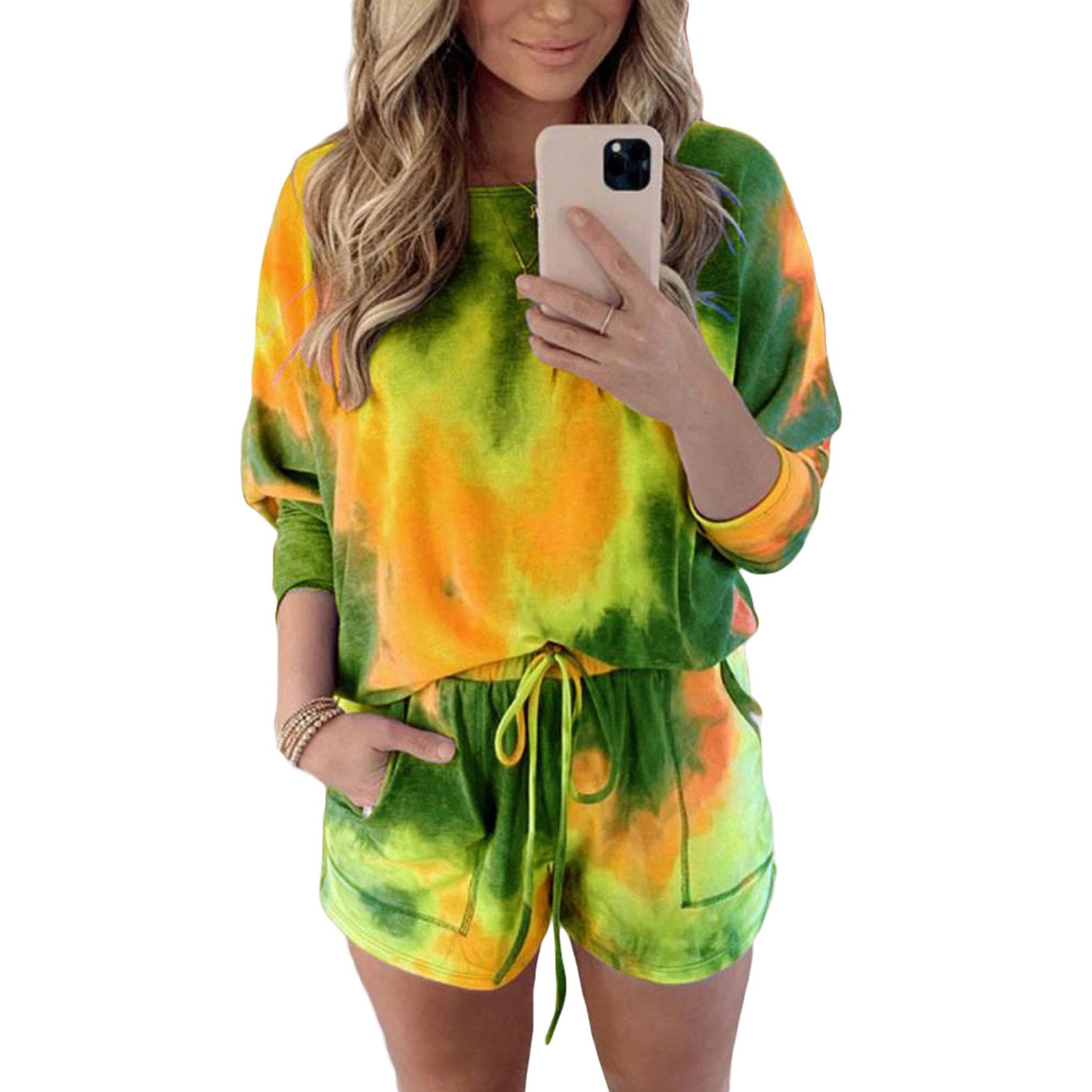 2 PCS Women Tie-dye Print Outfits, Long Sleeve Round Neck T-shirt Drawstring Shorts Casual Style Clothes Set